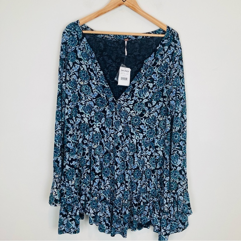 Free People NWT “Olivia” blue and green floral  print swingy tunic mini dress. M - Picture 3 of 8